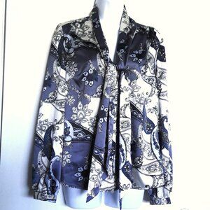 NEW Ann Taylor Paisley Floral Top Blouse W/ Tie Blue White & Black Flowy NWOT 6